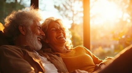 An older couple laughs together in a cozy setting, basking in the warm glow of sunlight, highlighting love, connection, and the joy of companionship in later years.