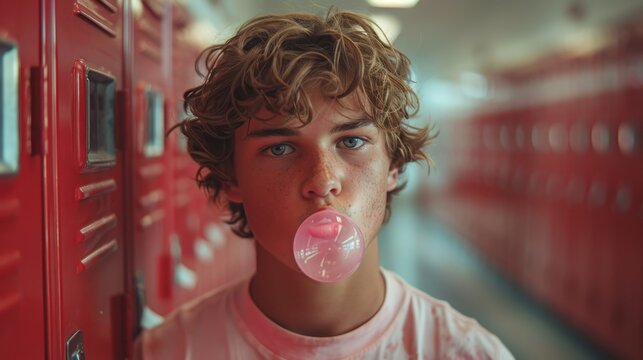 A candid shot of a teenager blowing bubble gum in a bustling school hallway, capturing youthful energy and carefree moments in a vibrant academic environment.