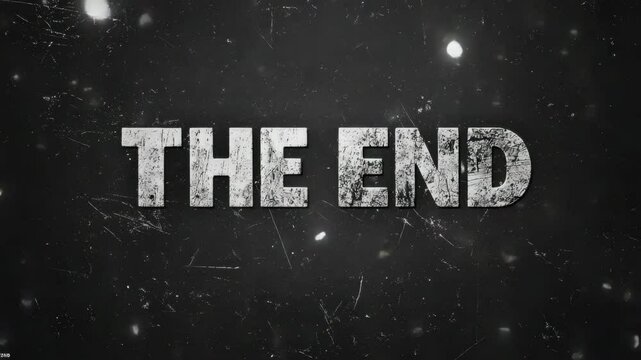 Dusty cinematic "the end" transition with distressed retro style on black starry background