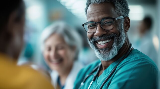 A close-up of a smiling doctor in scrubs, radiating warmth and compassion, representing the caring nature of healthcare professionals in a clinical setting.