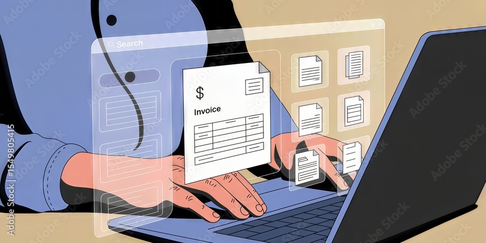 Aufkleber digital documents and invoices displayed on a laptop screen with a person typing information quickly