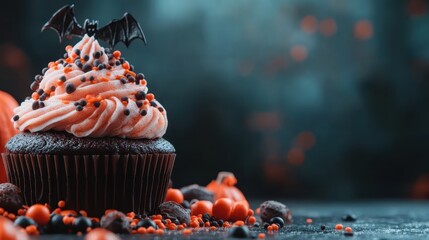 A festive Halloween cupcake topped with spooky decorations including vibrant orange frosting and a playful bat, perfect for celebrations filled with treats and fun.