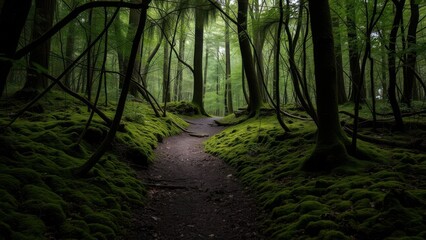 Shaded Forest Trail with Moss-Covered Ground
