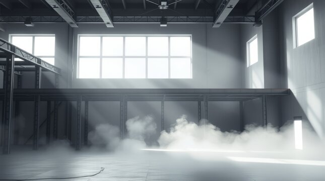Industrial Hallway: A captivating shot of an empty industrial hallway, filled with diffuse lighting and subtle atmospheric effects. The architecture evokes a sense of space and scale.