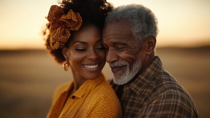 A joyful couple embraces during the golden hour, radiating love and warmth in their expressions, surrounded by a warm natural landscape at sunset.