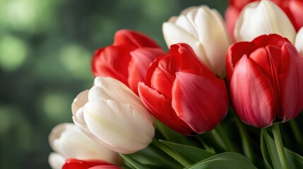 Fototapeta premium A bouquet of vibrant red and white tulips in full bloom, radiating beauty and freshness, symbolizing love and new beginnings in a natural setting.