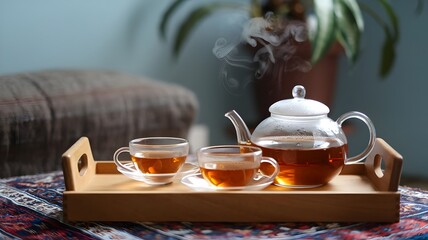 Steaming Teapot and Glass Cups in Blue Room