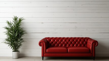 Obraz premium A chic red leather couch set against a rustic wooden wall, creating a modern yet warm ambiance, perfect for contemporary living spaces and stylish interior design.