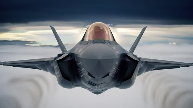 Head-on view of the F-35 Lightning II jet piercing through dark storm clouds, dramatic lighting reflecting off the metallic surface, vapor trails forming around wings during supersonic burst