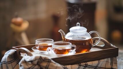 Warm Tea Setting on Wooden Tray with Checkered Cloth