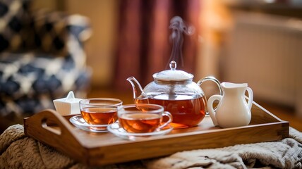 Teapot and Cups on Wooden Tray in Cozy Room