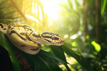 Naklejka premium Python Snake Gliding Through Fresh Green Foliage in Bright Light