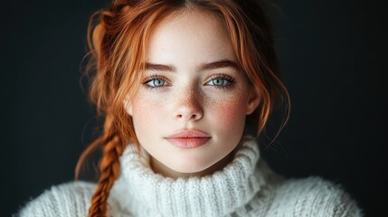 A stunning portrait of a young woman with freckles, conveying beauty and confidence as she gazes directly into the camera with a serene expression.