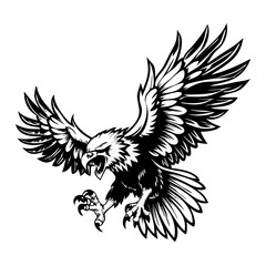 Fierce Eagle in Mid-Attack Pose – Black and White Vector Illustration of Wild Bird with Spread Wings and Talons | Symbol of Power, Freedom, and Strength

