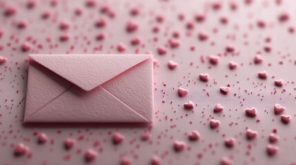 A pink envelope lies on a soft background scattered with heart-shaped confetti, capturing the essence of love, affection, and heartfelt communication in a visually appealing way.