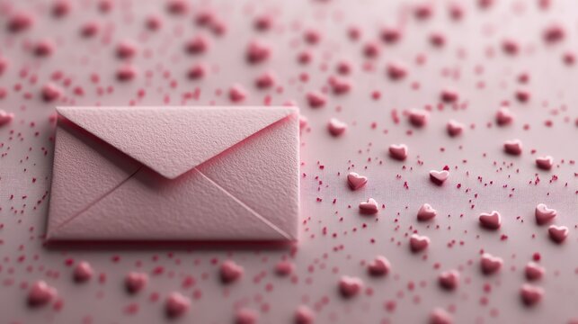 A pink envelope lies on a soft background scattered with heart-shaped confetti, capturing the essence of love, affection, and heartfelt communication in a visually appealing way.