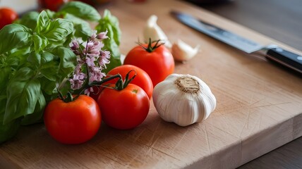 Fresh Tomatoes, Basil, and Garlic on Wooden Cutting Board