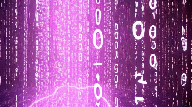 Data stream visualization with colorful binary code falling on a reflective surface. Concept animation.