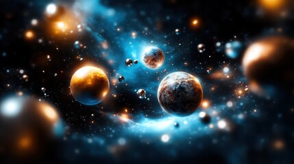 A breathtaking cosmic scene depicting luminous planets and swirling galaxies invokes wonder and curiosity about the vastness of the universe and our place within it.