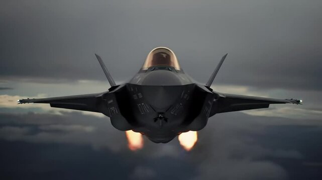 F-35 Lightning II breaks through a dense overcast sky, head-on camera angle, atmospheric lighting casts strong shadows, intense vapor cone forms as it hits Mach speed