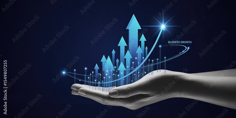Poster conceptual visualization of business growth with rising arrows in a supportive hand on dark backgrou