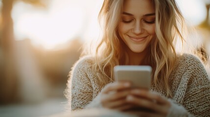 A cheerful young woman is seen smiling while using her smartphone in a beautiful natural setting, representing the joy of digital connection and personal happiness.