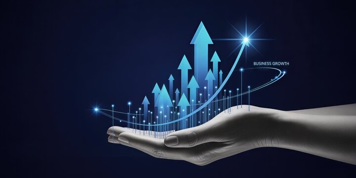 Conceptual visualization of business growth with rising arrows in a supportive hand on dark background