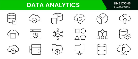 Insightful vector web line icons depicting data analytics, big data, visualization, insights, and statistical tools for informed decision-making.