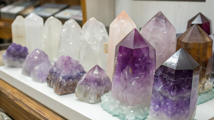 Fototapeta premium Collection of polished amethyst and clear quartz crystal towers and clusters on display