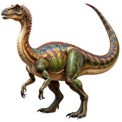 Fototapeta premium Side Profile of Camarasaurus with Green and Brown Scales, Long Neck Curved Gracefully, isolated on transparent background PNG 