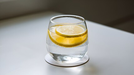Glass of Lemon Water with Coaster on Clean White Table