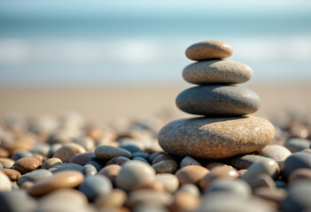 Stack of smooth pebbles balanced on a beach, symbolizing zen, balance, and mindfulness.