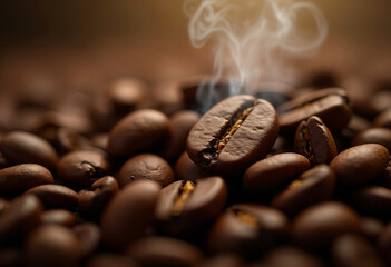 Macro shot of roasted coffee beans with visible steam, emphasizing freshness and aroma.