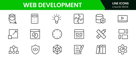 Sleek vector web line icons depicting web development, coding, design, browsers, and tools for creating dynamic, user-friendly websites.