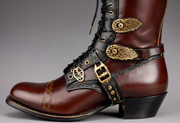 Close-up of brown leather boot with brass gears, screws, and industrial buckles, steampunk style.