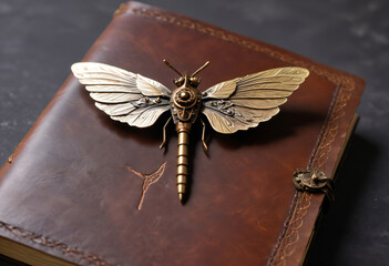 Steampunk-style brass butterfly placed on a leather-bound book, symbolizing fantasy and mystery.