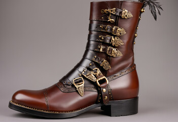 Tall brown leather boot with intricate steampunk buckles and gear decorations.