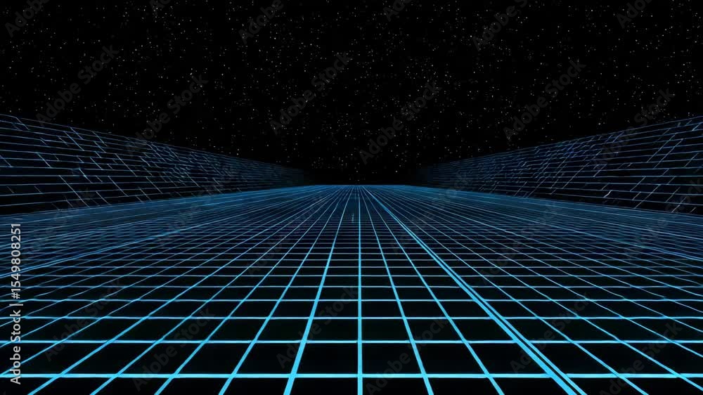 Poster futuristic neon gridscape under starry sky with dynamic perspective shift