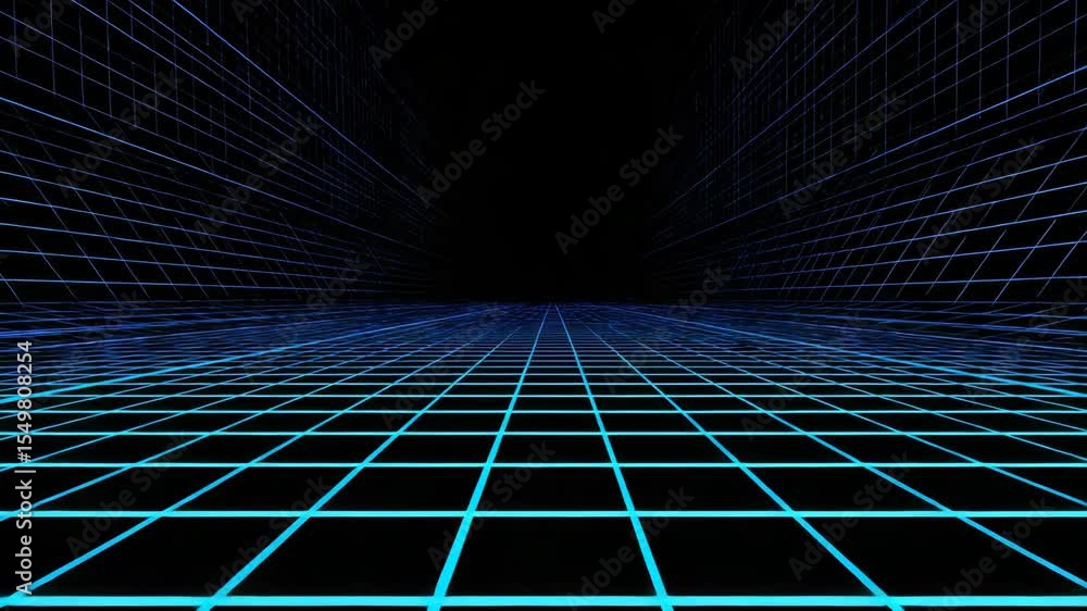 Poster futuristic neon grid tunnel with dynamic perspective shift and scifi aesthetic