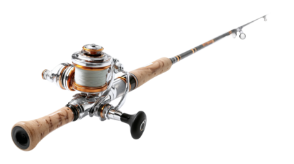 Fishing Rod and Reel: A detailed shot captures a pristine fishing rod and reel, showcasing the intricate design of the equipment, ready for a day of angling.