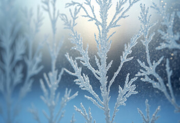 Beautiful icy patterns on a frosted window resembling winter tree branches.