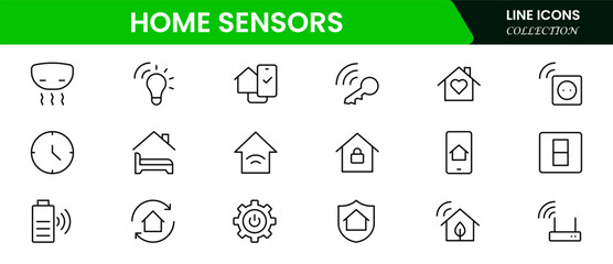 Sleek vector web line icons depicting smart home sensors, automation, security, temperature control, and connected devices for intelligent living.