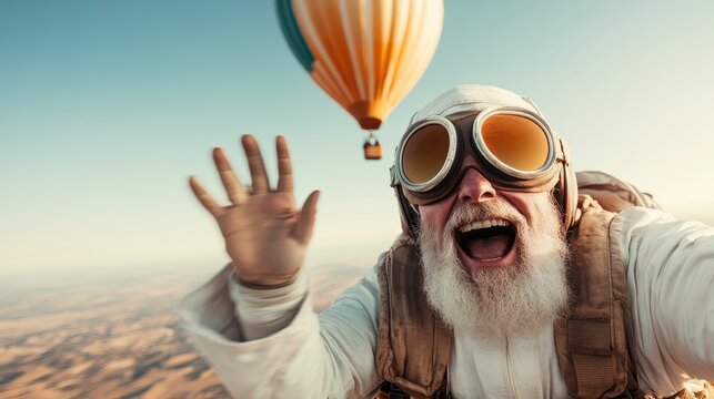 A cheerful elderly man waves enthusiastically from a hot air balloon against a bright sky, representing the joy of adventure and embracing life’s exhilarating experiences at any age. - Powered by Adobe