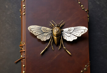Steampunk-style metallic insect sculpture with mechanical details placed on a leather surface.