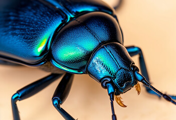 Macro shot of a shiny blue beetle with iridescent exoskeleton, showcasing intricate insect details.