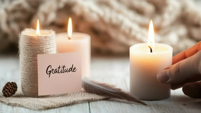Serenity scene: lighting candle with gratitude card for calm meditation ambiance
