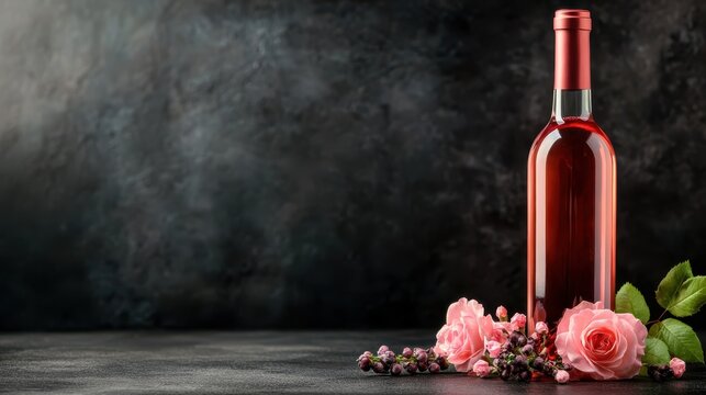 An elegant bottle of rosé wine rests amidst delicate pink roses and greenery on a rustic surface, perfectly blending nature's beauty with a touch of sophistication and style.