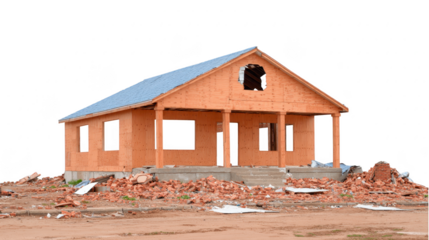Partially constructed wooden house stands amid scattered bricks and debris, showcasing unfinished building project. structure features pitched roof and open window spaces, set on dirt lot