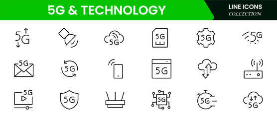 Cutting-edge vector web line icons depicting 5G, telecommunications, networks, connectivity, and advanced digital communication for seamless global interaction.