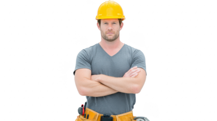 Confident construction worker stands with arms crossed, wearing yellow hard hat and gray t shirt. He has tool belt around his waist, ready for work